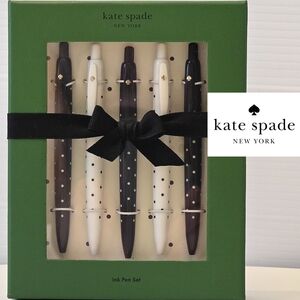 NWT Kate Spade Set of 5 Black & White Polka Dot Pens w/ Black Ink in Green Box